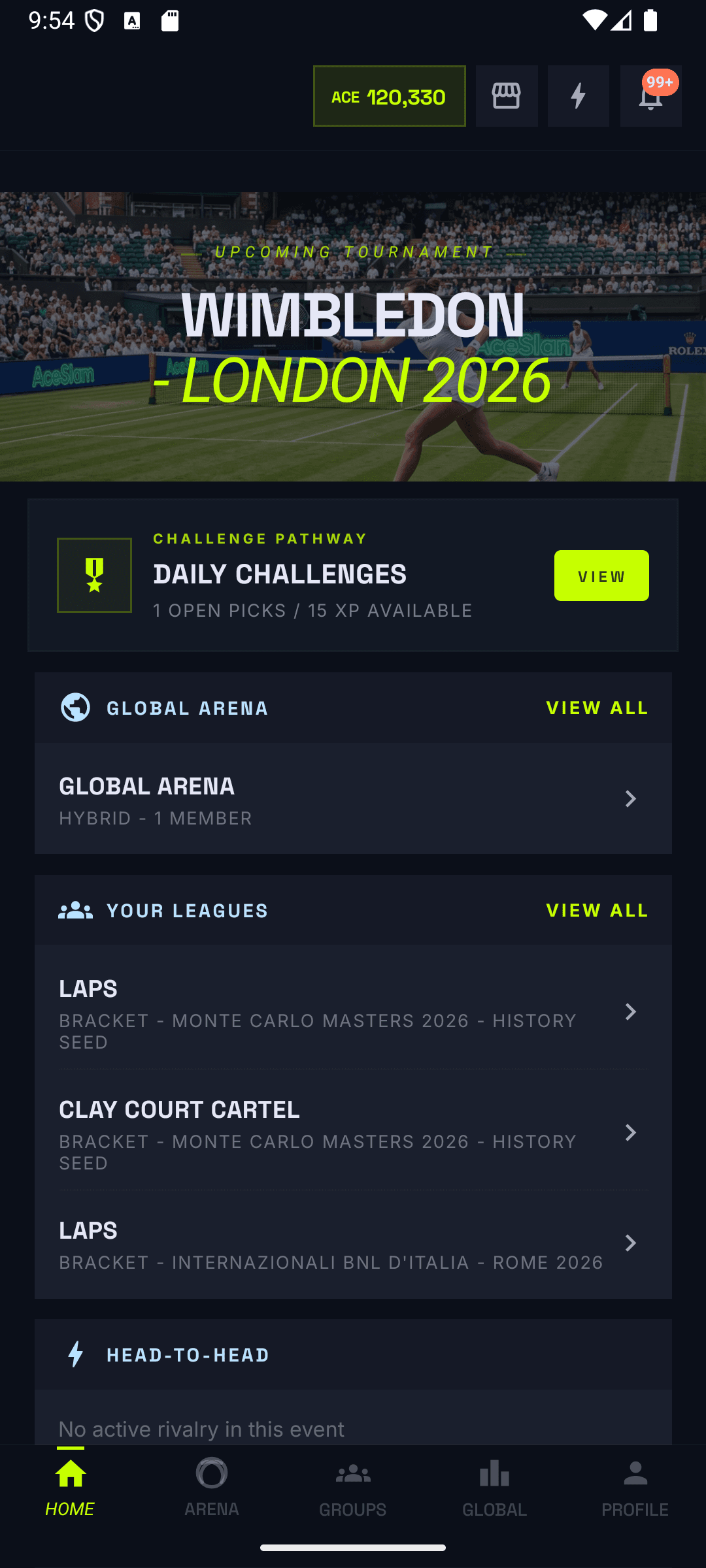 AceRank Android home dashboard with live tournament status